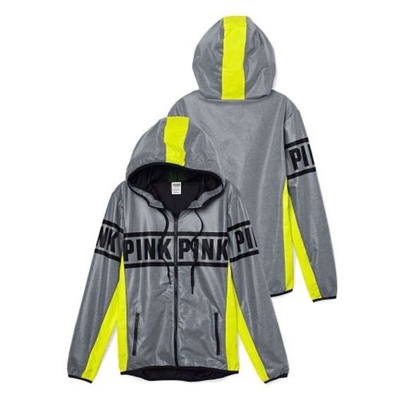 PINK Victoria's Secret Jackets & Blazers - VICTORIA'S SECRET PINK Fleece Lined Full-Zip Anorak Hoodie Metal Gray Neon XS/S